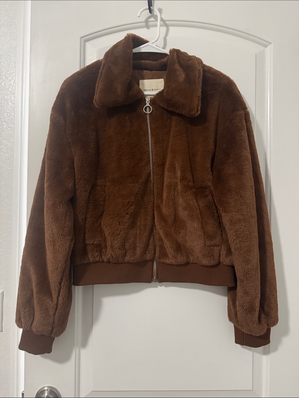 Thread & Supply Brown Faux Fur Zip Bomber Jacket